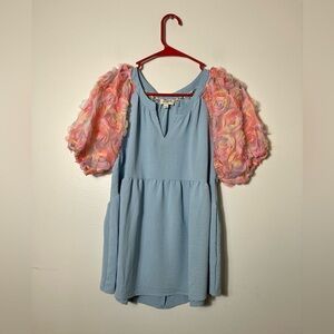 Umgee Blouse Puff Sleeve Floral Sz Small Boho Peasent Baby Blue/pink